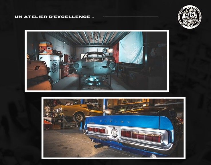 Atelier de restauration Big Customs Garage avec voiture américaine ancienne en transformation